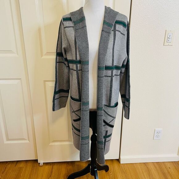 Anthropologie Oliver.O Open Front Hooded Cardigan Jacket Gray and Green Plaid Si - Picture 10 of 10